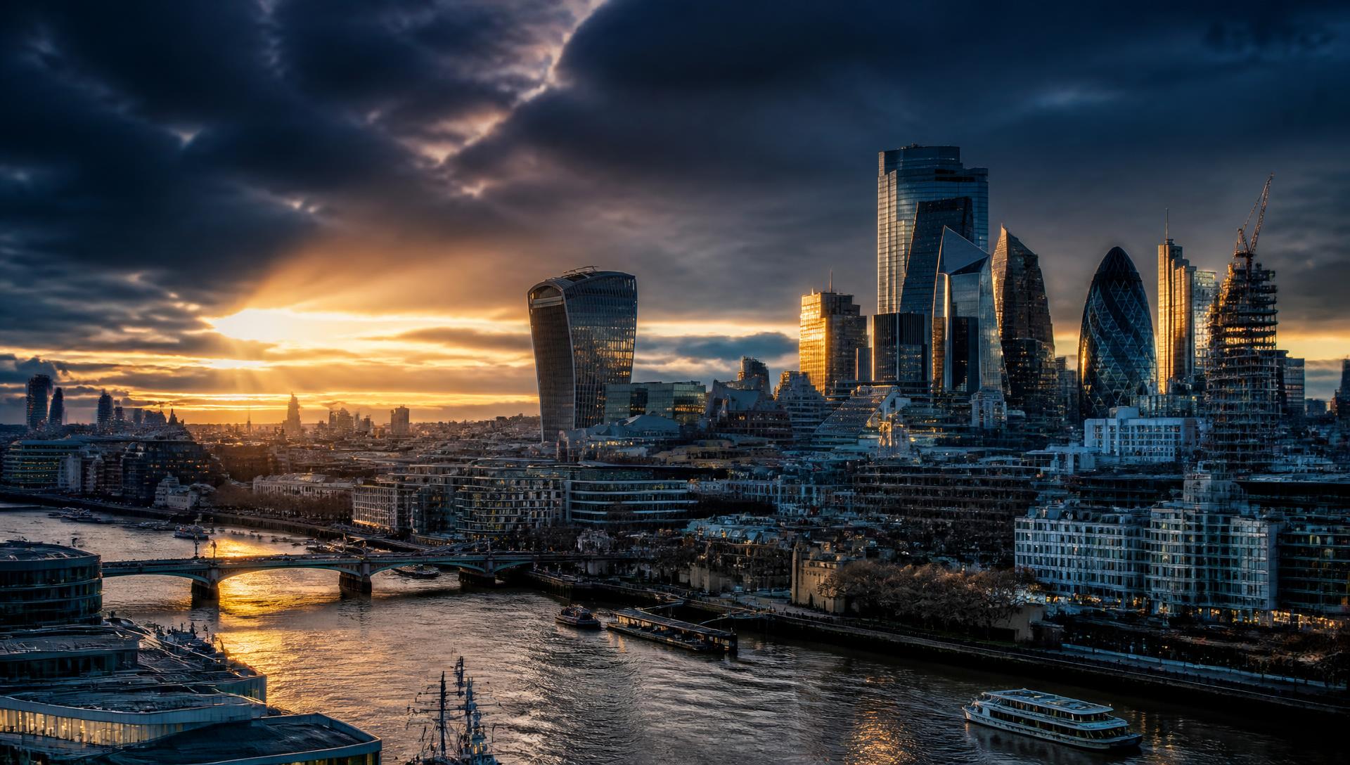 The City of London financial district skyline at golden hour